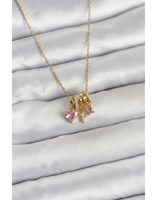316L Çelik Gold Pembe Zirkon Taşlı Charmlı Kadın Kolye