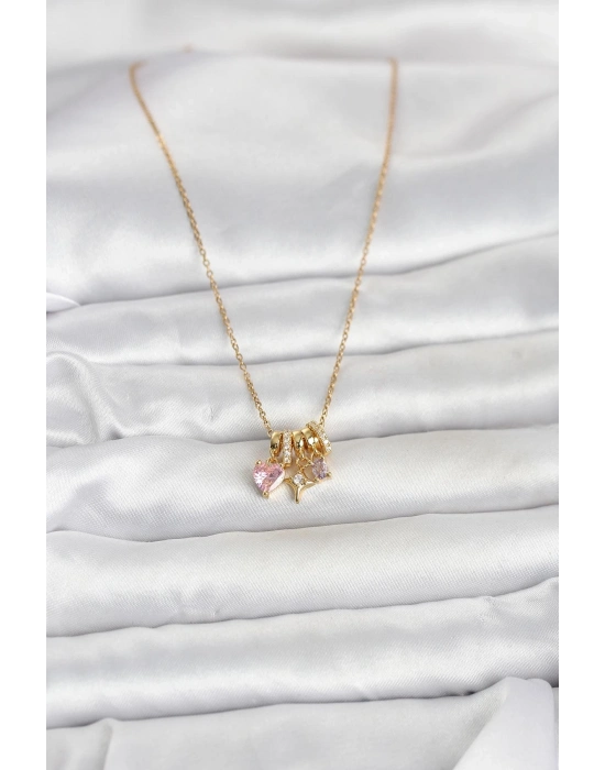 316L Çelik Gold Pembe Zirkon Taşlı Charmlı Kadın Kolye