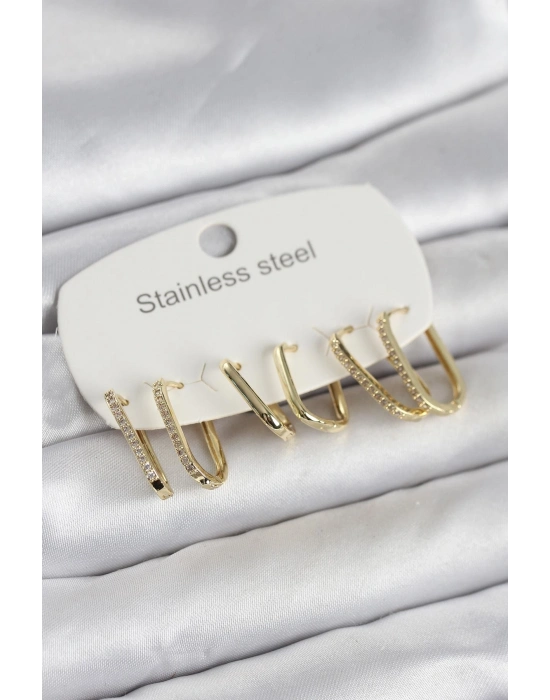 316L Çelik Gold Renk 6lı Set Geometrik Model Kadın Küpe