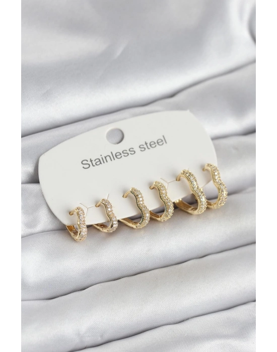 316L Çelik Gold Renk 6lı Set Kalp Form Kadın Küpe