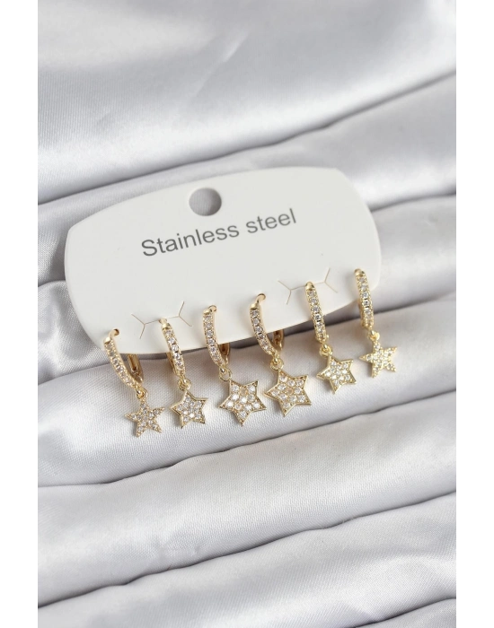 316L Çelik Gold Renk 6lı Set Yıldız Model Kadın Küpe