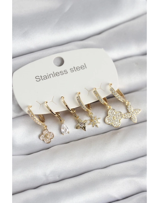 316L Çelik Gold Renk 6lı Set Yonca Model Kadın Küpe