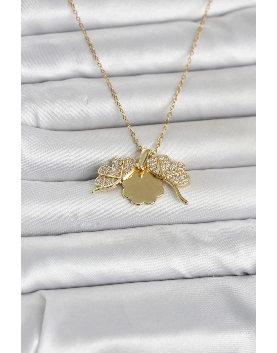 316L Çelik Gold Renk Açılabilir Yonca Model Zirkon Taşlı Kadın Kolye