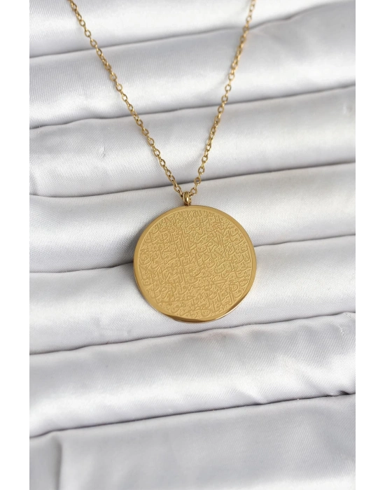 316L Çelik Gold Renk Ayetel Kürsi ve Allah Yazılı Kolye