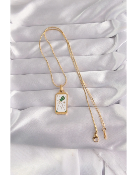 316L Çelik Gold Renk Beyaz Mineli Tarot Kolye