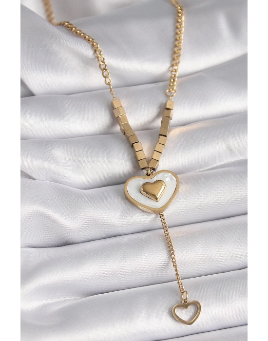 ® 316L Çelik Gold Renk Beyaz Sedefli Kalp Model Sallantı Detay Kadın Kolye