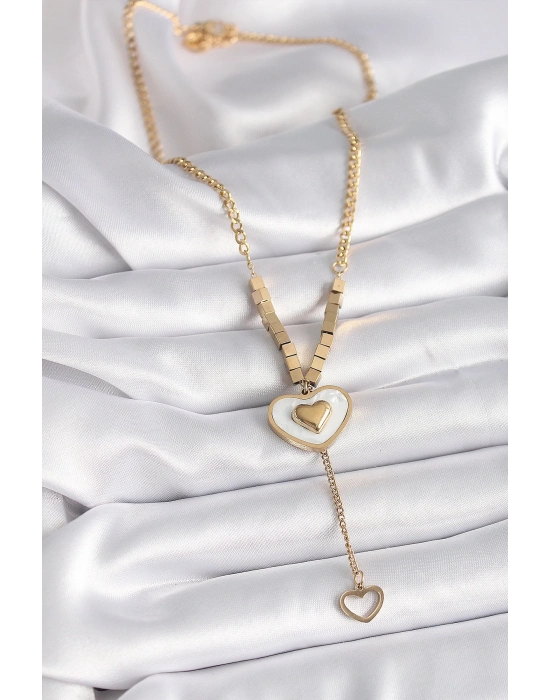 ® 316L Çelik Gold Renk Beyaz Sedefli Kalp Model Sallantı Detay Kadın Kolye