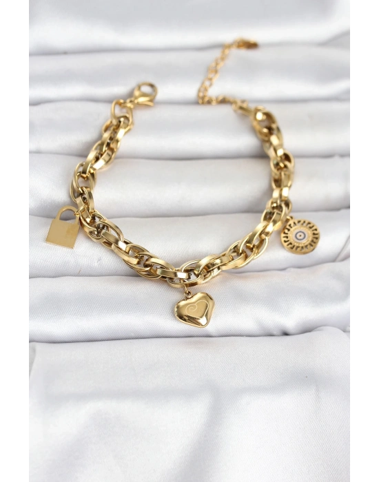 316L Çelik Gold Renk Charmlı Kalın Burgu Model Kadın Bileklik