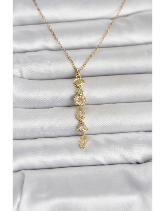 316L Çelik Gold Renk Deniz Temalı Y Model Zirkon Taşlı Kadın Kolye