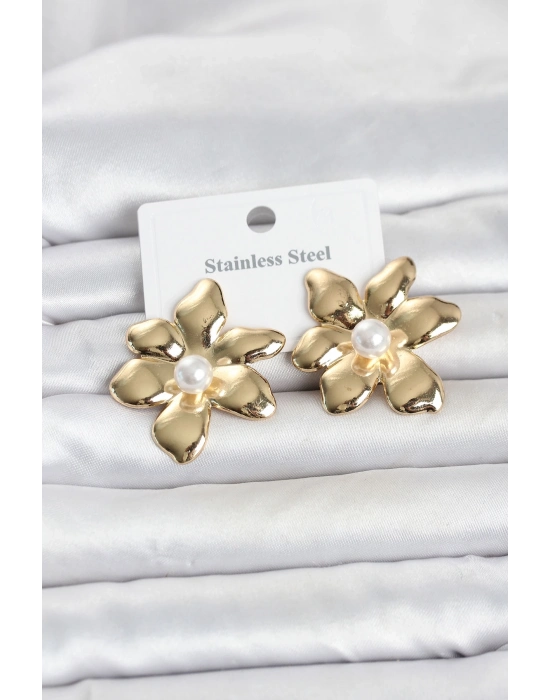 316L Çelik Gold Renk İncili Lotus Model Kadın Küpe