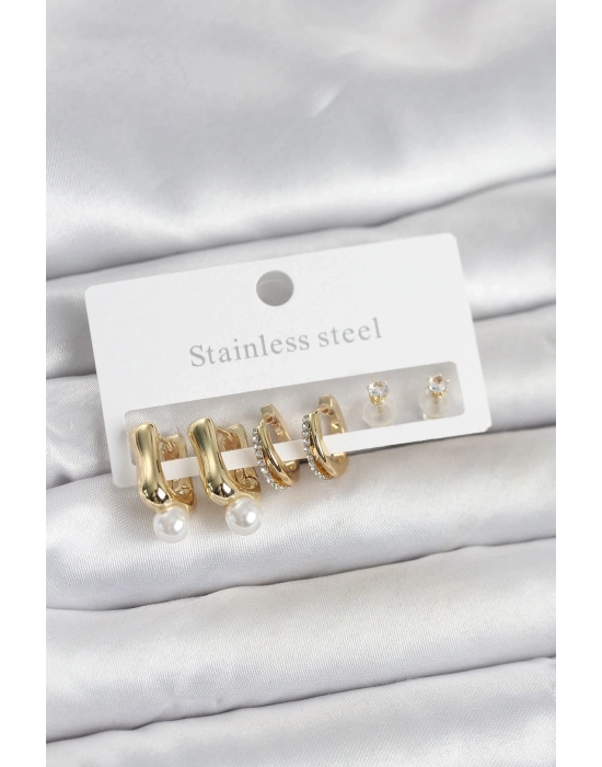 316L Çelik Gold Renk Kadın Küpe Seti