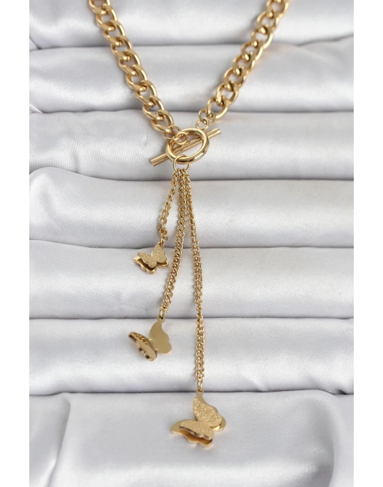 316L Çelik Gold Renk Kelebek Sallantılı Kadın Kolye