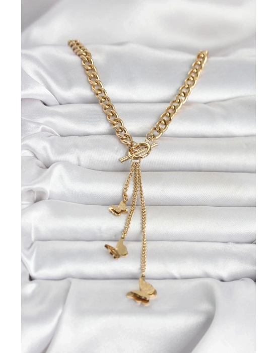 316L Çelik Gold Renk Kelebek Sallantılı Kadın Kolye