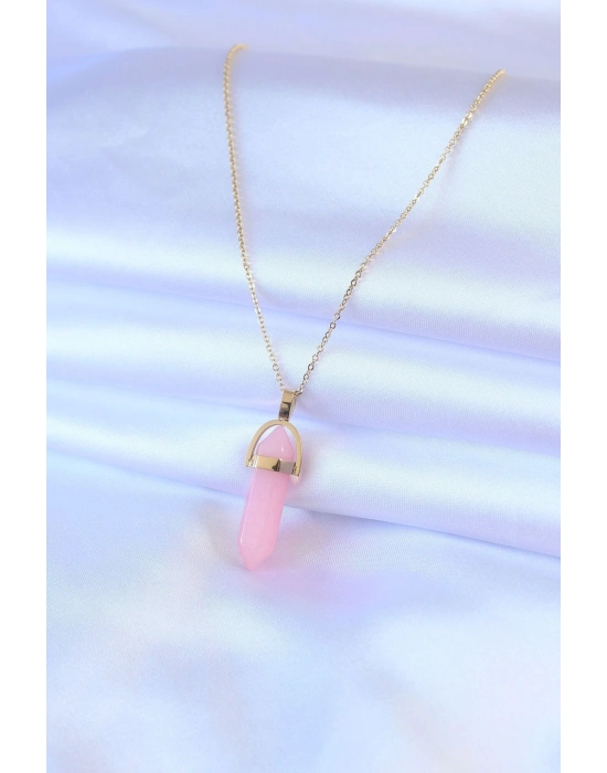 316L Çelik Gold Renk Kristal Pembe Taş Model Kadın kolye