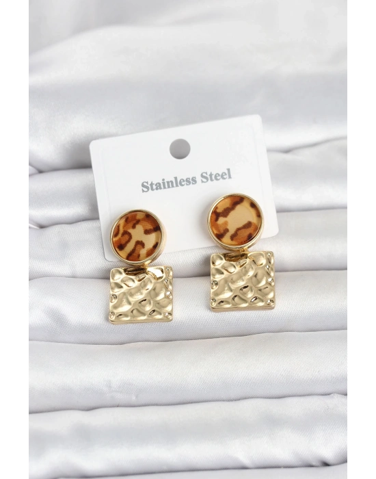 316L Çelik Gold Renk Leopar Desenli Plaka Model Kadın Küpe