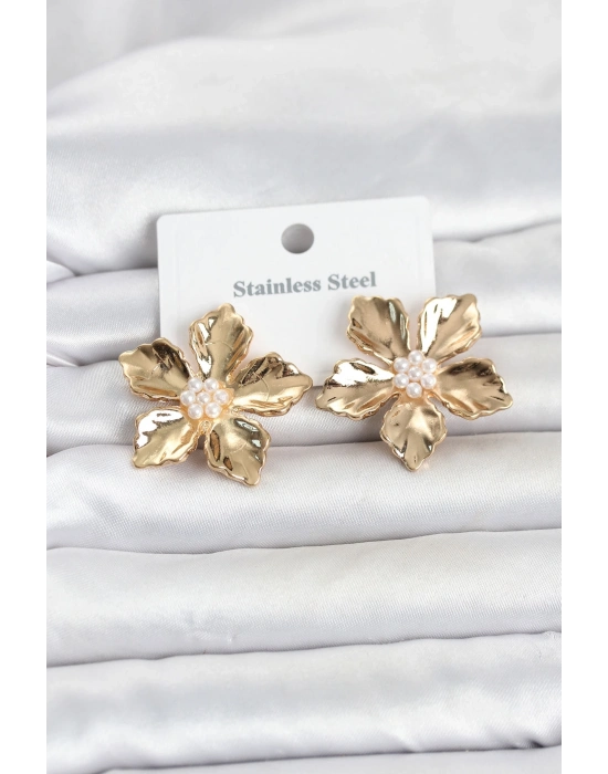 316L Çelik Gold Renk Lotus Çiçek Model Kadın Küpe