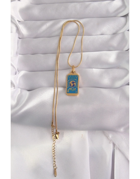 316L Çelik Gold Renk Mavi Mineli El Figür Tarot Kolye