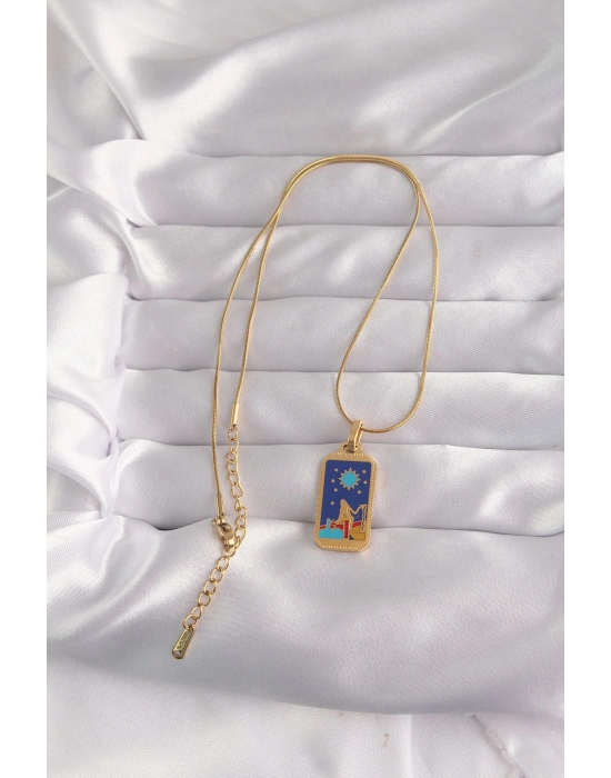 ® 316L Çelik Gold Renk Mavi Mineli Kız Figür Tarot Kolye