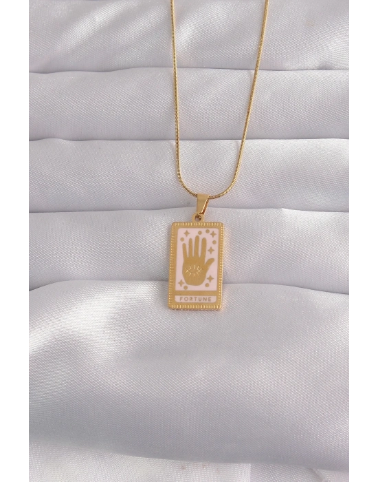 316L Çelik Gold Renk Pembe Mineli El Figür Tarot Kolye