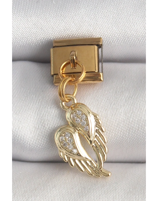 ® 316L Çelik Gold Renk Sallantı Zirkon Taşlı Kanat Model Nomination Charm