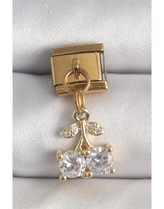 ® 316L Çelik Gold Renk Sallantı Zirkon Taşlı Kiraz Model Nomination Charm