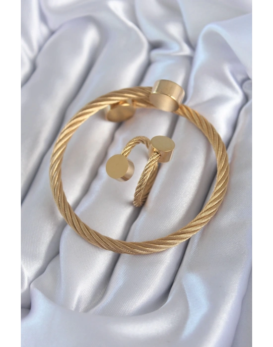 ® 316L Çelik Gold Renk Sarmal Model Erkek Bileklik Yüzük Kombini