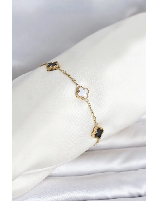 316L Çelik Gold Renk Siyah Beyaz Baby Yonca Model Kadın Bileklik