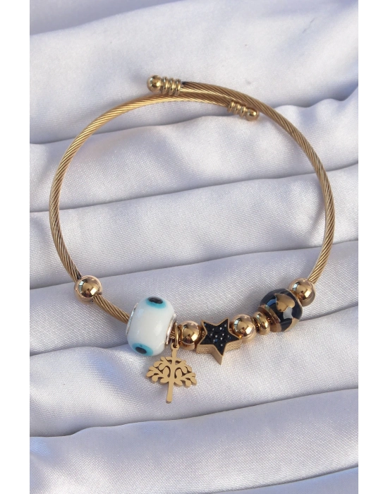 ® 316L Çelik Gold Renk Siyah Zirkon Taşlı Yıldız Tasarımlı Ağaç Detay Nazarlı Charm Bileklik