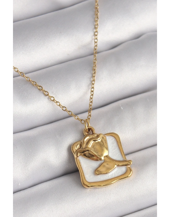 ® 316L Çelik Gold Renk Zincir Beyaz Mineli Gül Portre Model Kadın Kolye