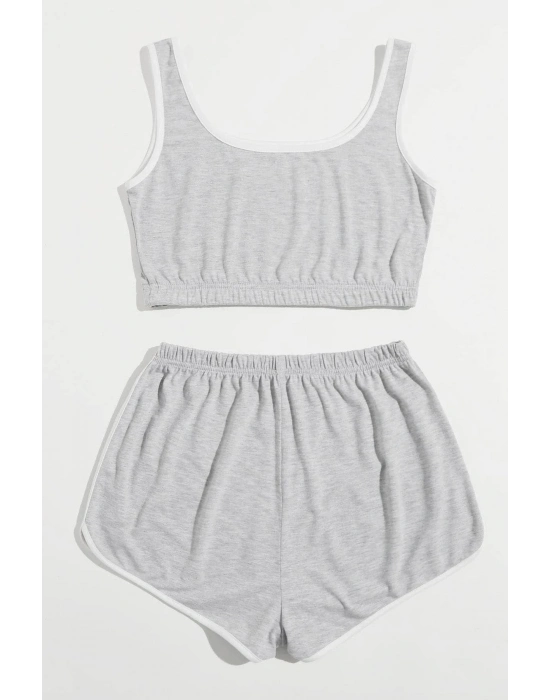Kadın Gri Askılı Crop Top ve Şortlu Gecelik Takım