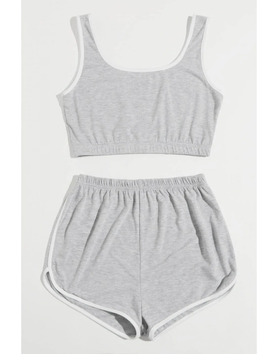 Kadın Gri Askılı Crop Top ve Şortlu Gecelik Takım