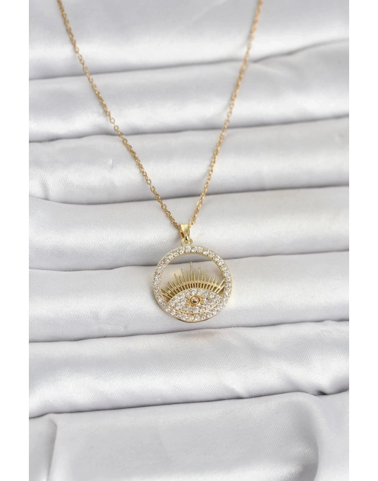 316L Çelik Gold Renk Zirkon Taşlı Göz Model Kadın Kolye