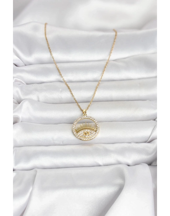 316L Çelik Gold Renk Zirkon Taşlı Göz Model Kadın Kolye
