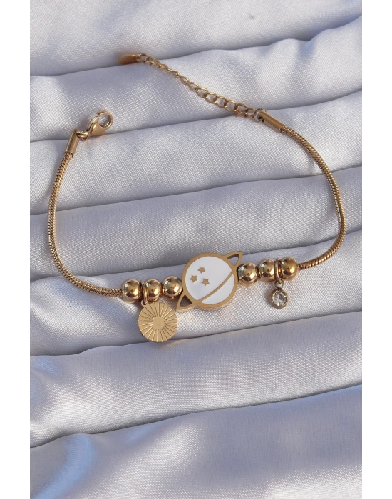 ® 316L Çelik Gold Renk Zirkon Taşlı Mineli Satürn Tasarımlı Bileklik