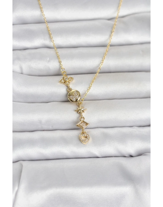 316L Çelik Gold Renk Zirkon Taşlı Y Kadın Kolye