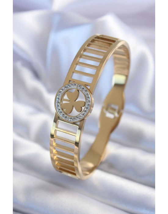 ® 316L Çelik Gold Renk Zirkon Taşlı Yonca Model Kadın Kelepçe