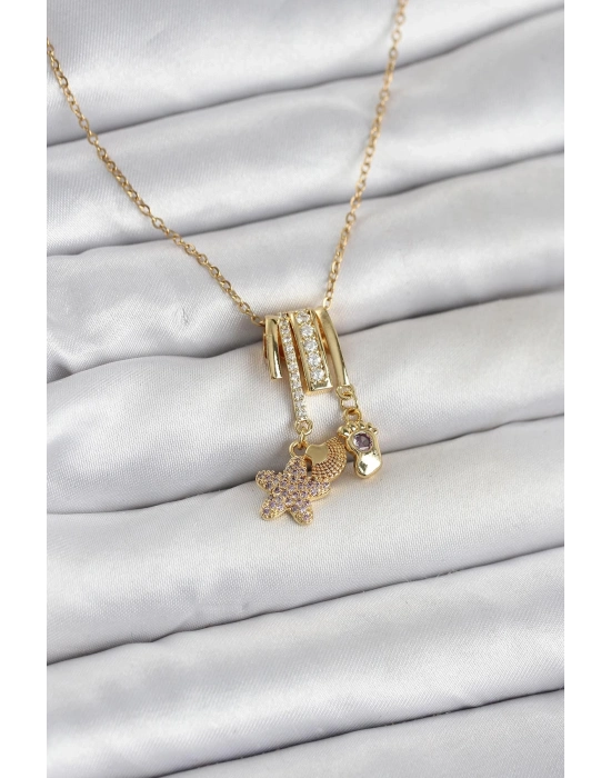 316L Çelik Gold Zirkon Taşlı Deniz Tema Charmlı Kadın Kolye
