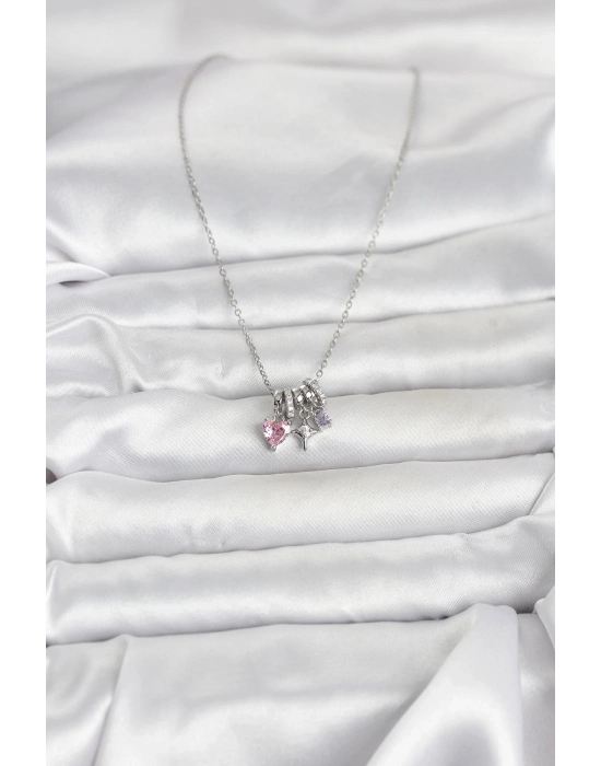 316L Çelik Gümüş Pembe Zirkon Taşlı Charmlı Kadın Kolye