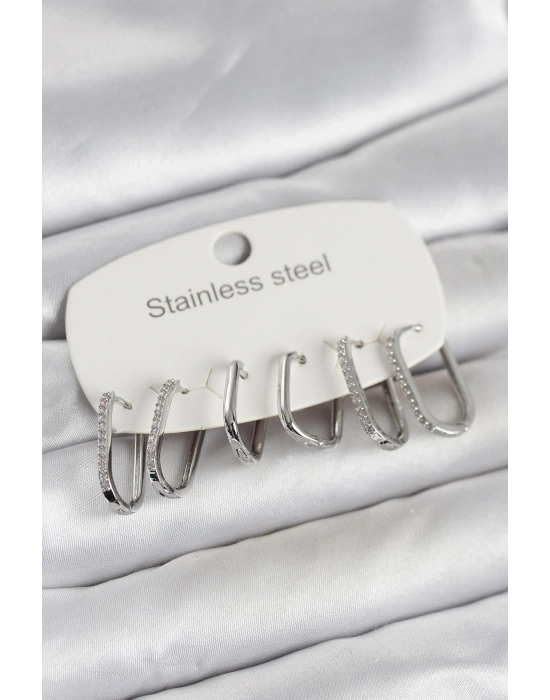 316L Çelik Gümüş Renk 6lı Set Geometrik Model Kadın Küpe