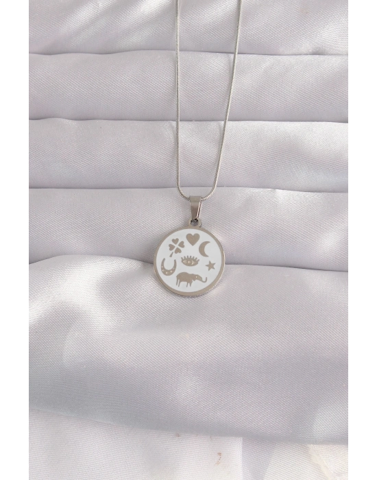 ® 316L Çelik Gümüş Renk Beyaz Mineli Karışık Figürlü Tarot Kolye
