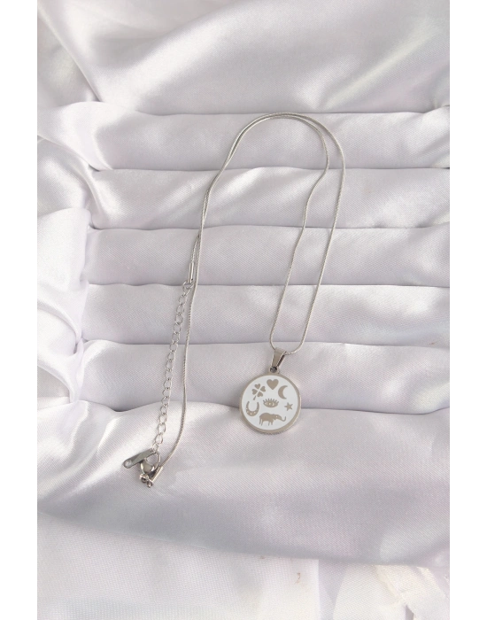 ® 316L Çelik Gümüş Renk Beyaz Mineli Karışık Figürlü Tarot Kolye