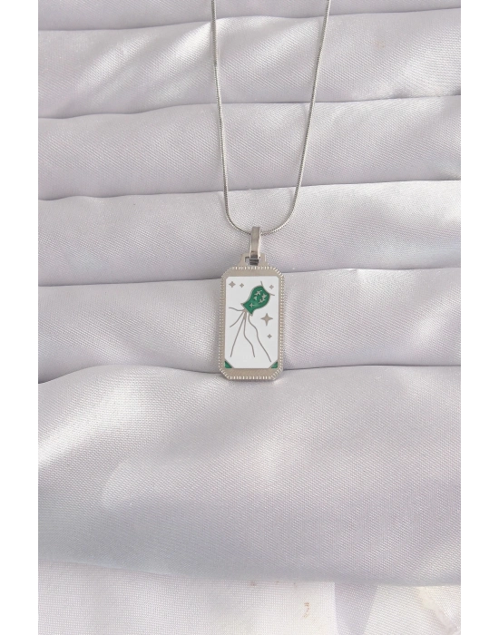 316L Çelik Gümüş Renk Beyaz Mineli Tarot Kolye