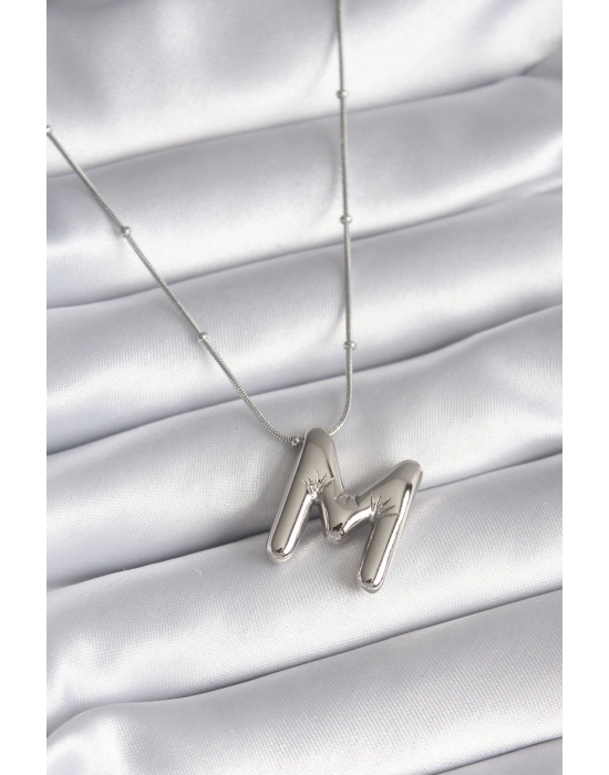 316L Çelik Gümüş Renk Bubble M Harf Model Kadın Kolye