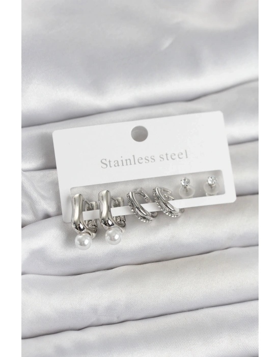316L Çelik Gümüş Renk Kadın Küpe Seti
