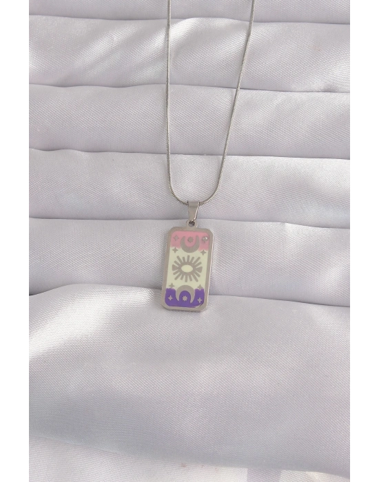 316L Çelik Gümüş Renk Karışık Mineli Ay Figür Tarot Kolye