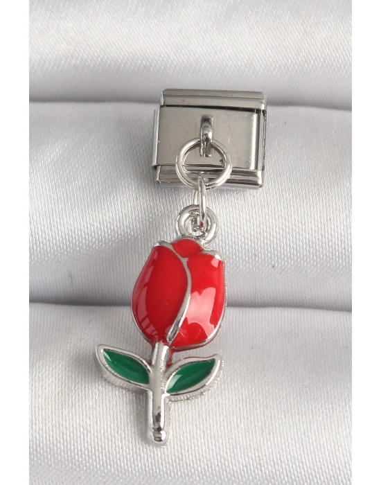 ® 316L Çelik Gümüş Renk Kırmızı Gül Model Nomination Charm