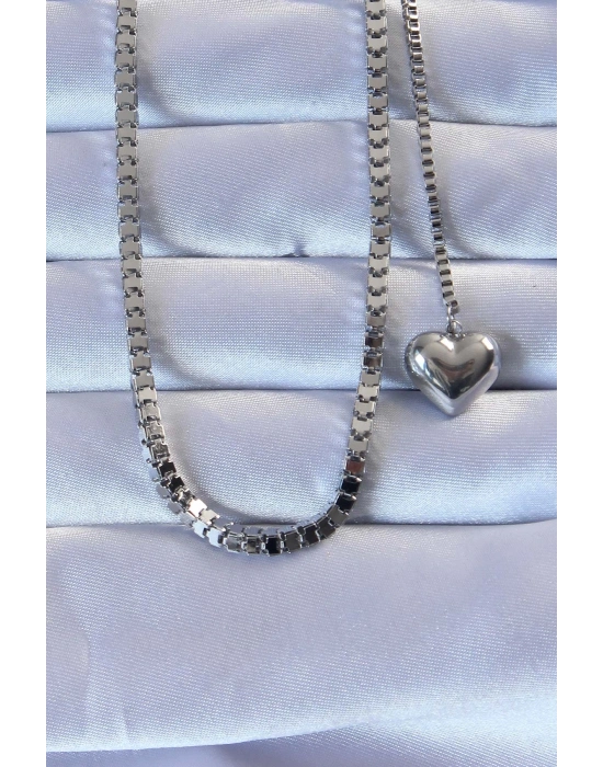 ® 316L Çelik Gümüş Renk Küp Zincirli Kalpli Kolye