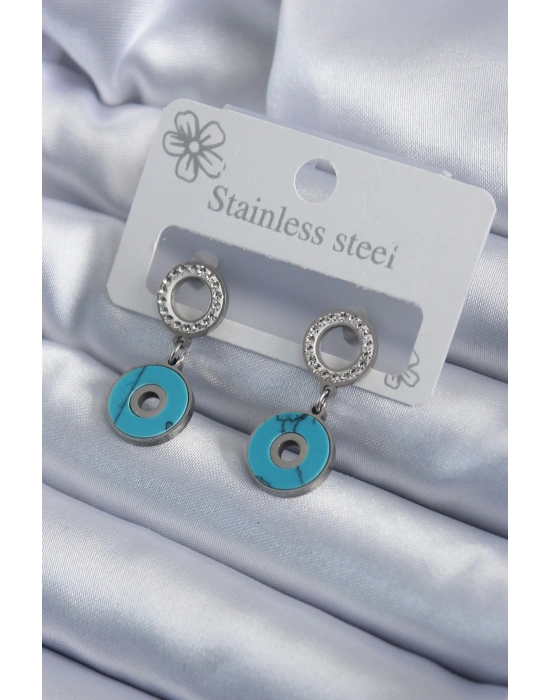 ® 316L Çelik Gümüş Renk Mavi Taşlı Zirkon Taşlı Kadın Küpe