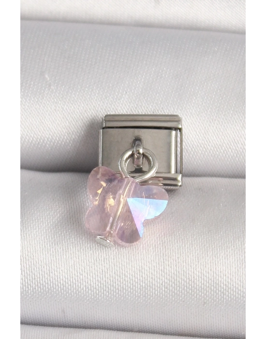 316L Çelik Gümüş Renk Pembe Zirkon Taşlı Kelebek Model Nomination Charm