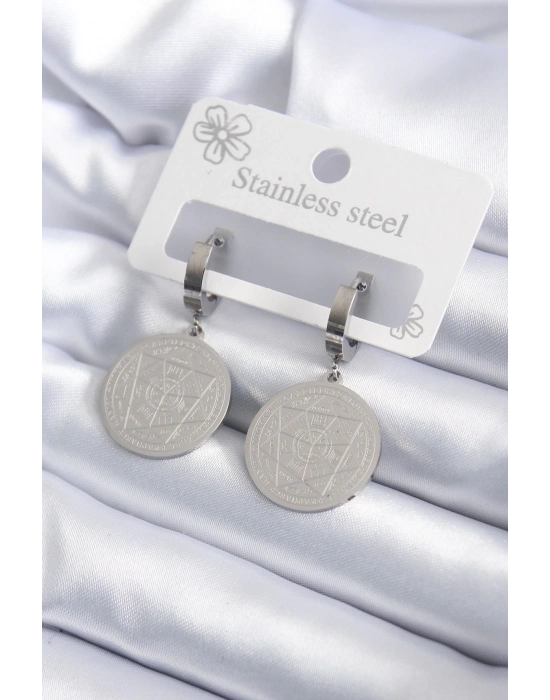 316L Çelik Gümüş Renk Pentagram İşleme Model Kadın Küpe